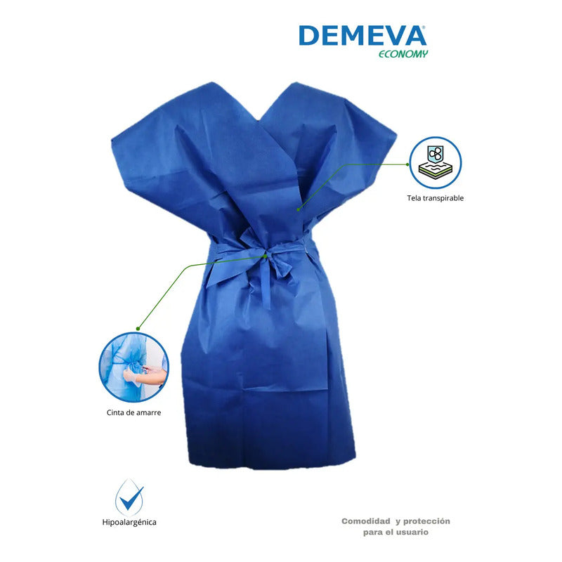 Bata Desechable Para Paciente Azul Demeva Economy 10 Unidades Tela Sms Grado Médico Sin Mangas, Económica, Cómoda Y Resistente Para Spa, Clínicas, Hospitales O Consultorios