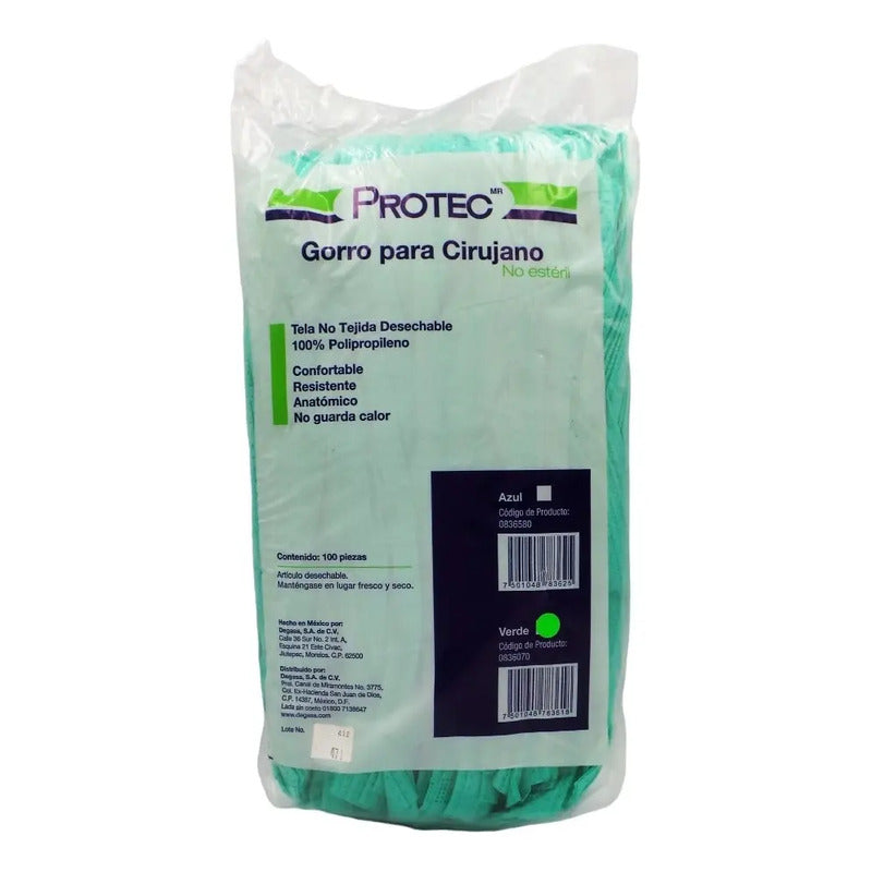 100 Gorros Para Cirujano, Verde, No Estéril