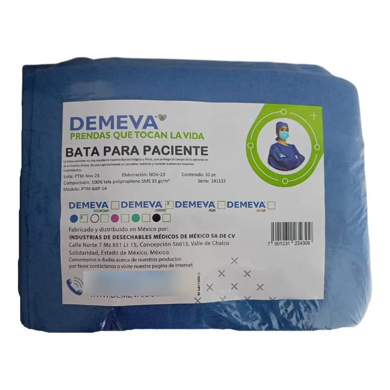 Bata Desechable Para Paciente Azul Demeva Economy 10 Unidades Tela Sms Grado Médico Sin Mangas, Económica, Cómoda Y Resistente Para Spa, Clínicas, Hospitales O Consultorios