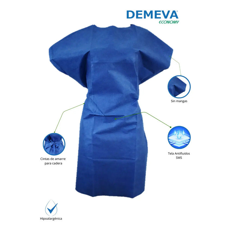 Bata Desechable Para Paciente Azul Demeva Economy 10 Unidades Tela Sms Grado Médico Sin Mangas, Económica, Cómoda Y Resistente Para Spa, Clínicas, Hospitales O Consultorios